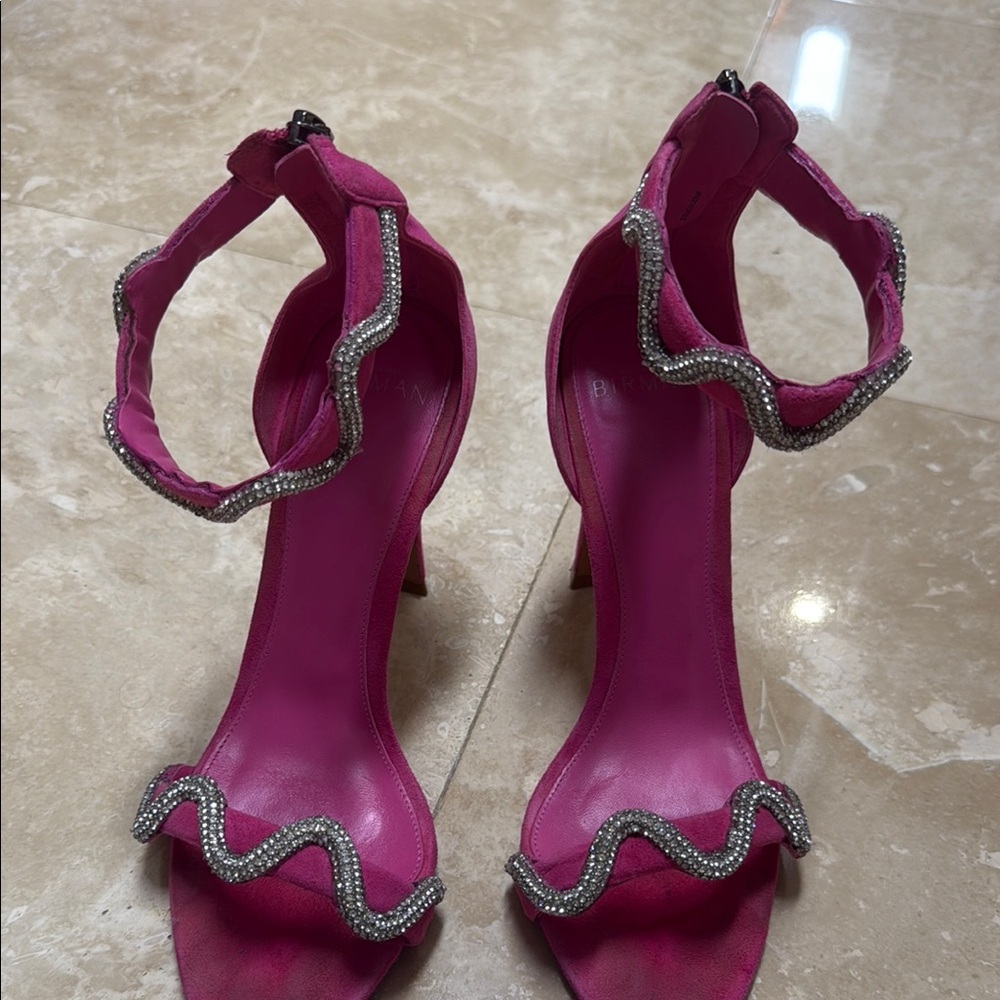 Alexandre Birman Pink Heels with Ankle Strap and Silver Trim with rhinestones